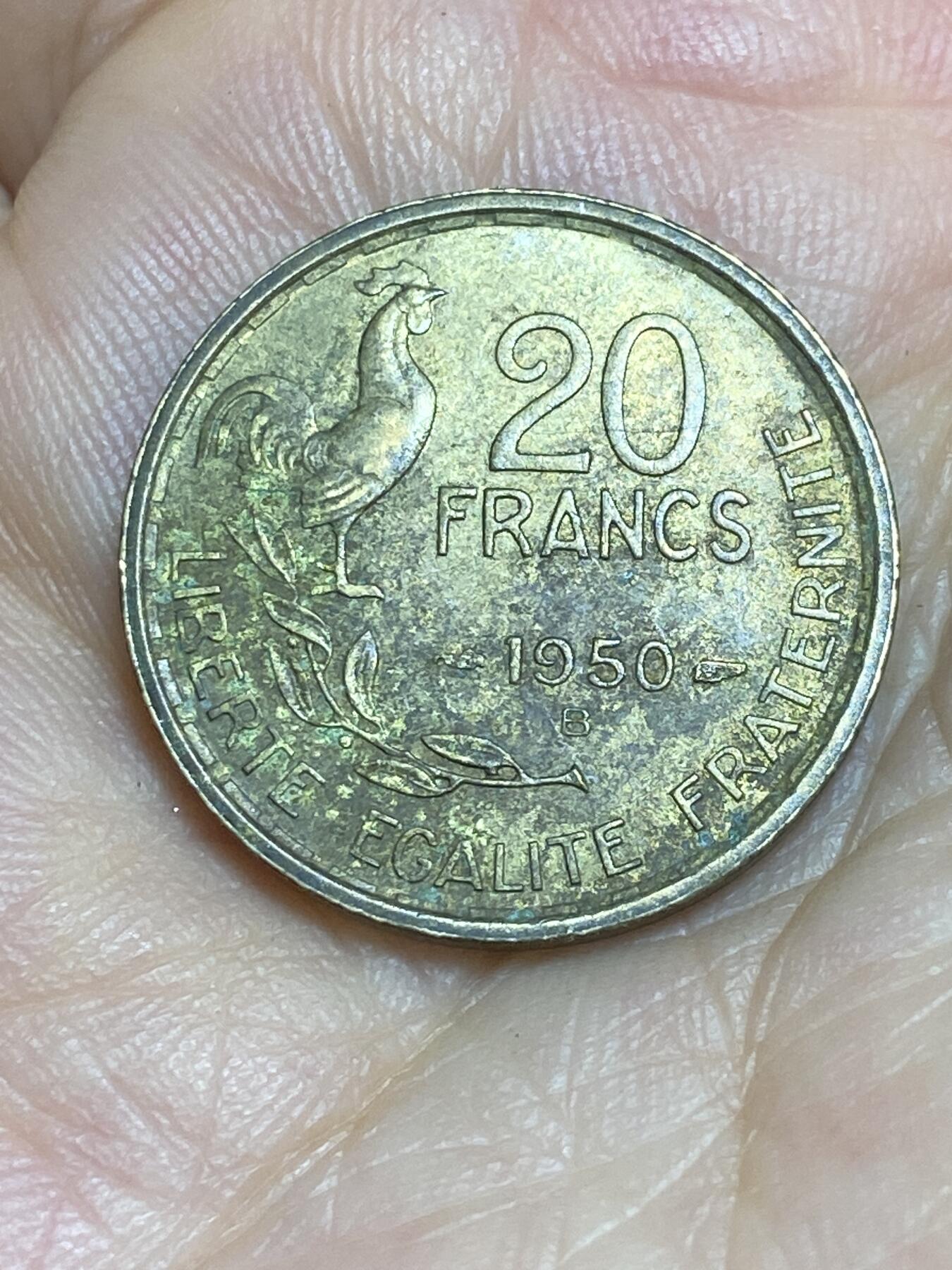 2025年第八十六场(总第一百一十二场）外国好品散币(免佣金) 法国🇫🇷1950年20法郎(人像后单排字，4 plumes–4羽版，B标博蒙莱罗热造)