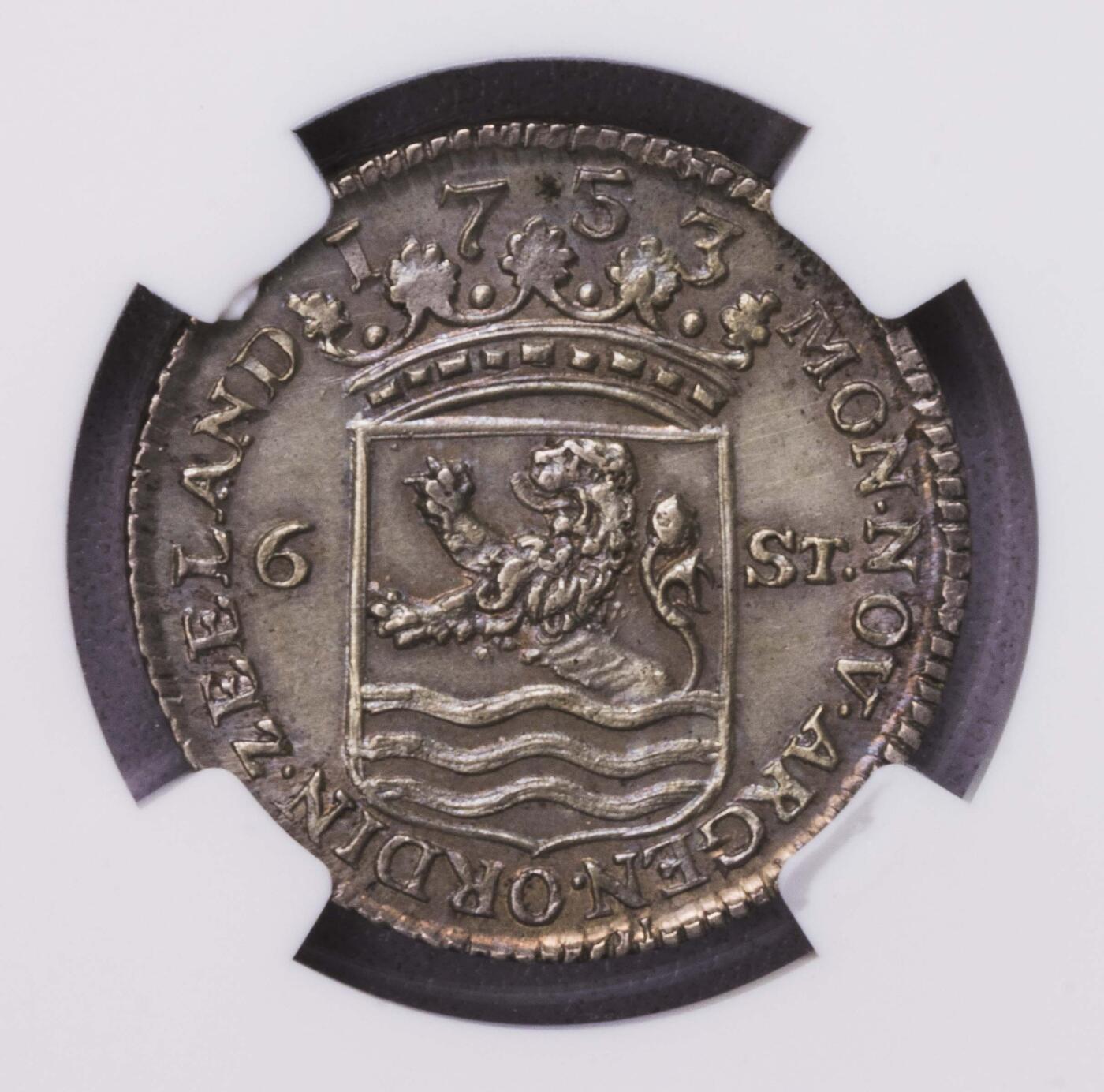 NGC-MS63 1753荷兰泽兰省帆船6斯提夫加厚银币
