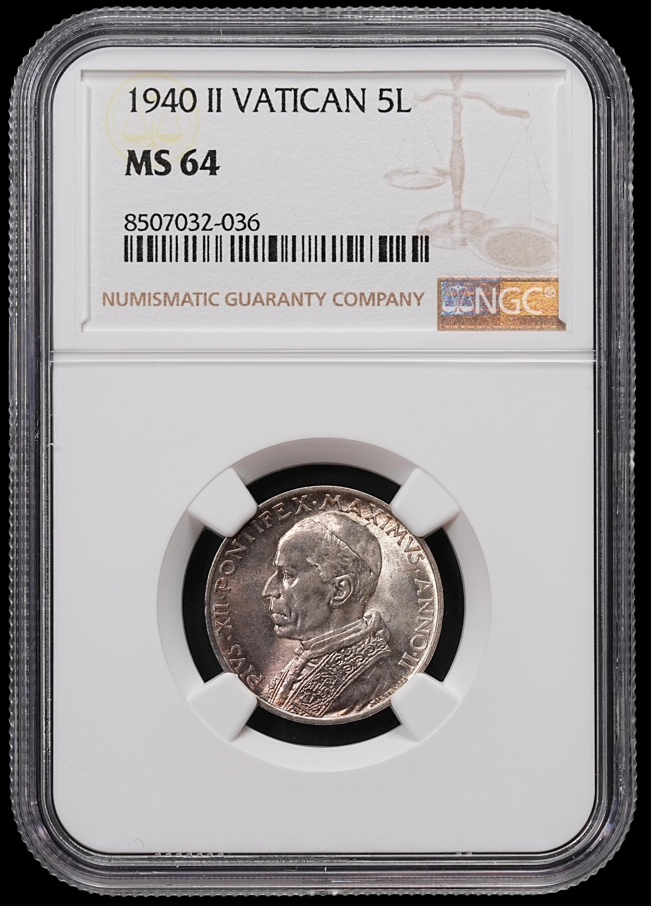 修遠堂世界钱币第八十三期 NGC MS64 1940年梵蒂冈5里拉银币