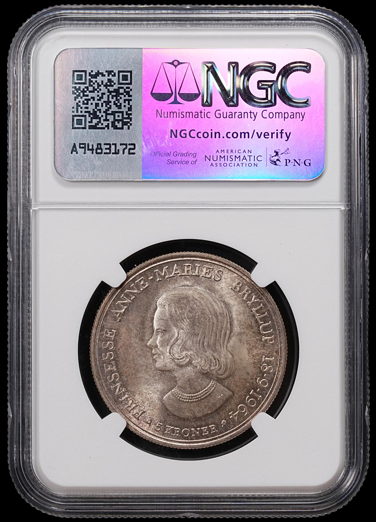 修遠堂世界钱币第八十三期 NGC MS65 1964年丹麦安妮公主结婚纪念5克朗银币