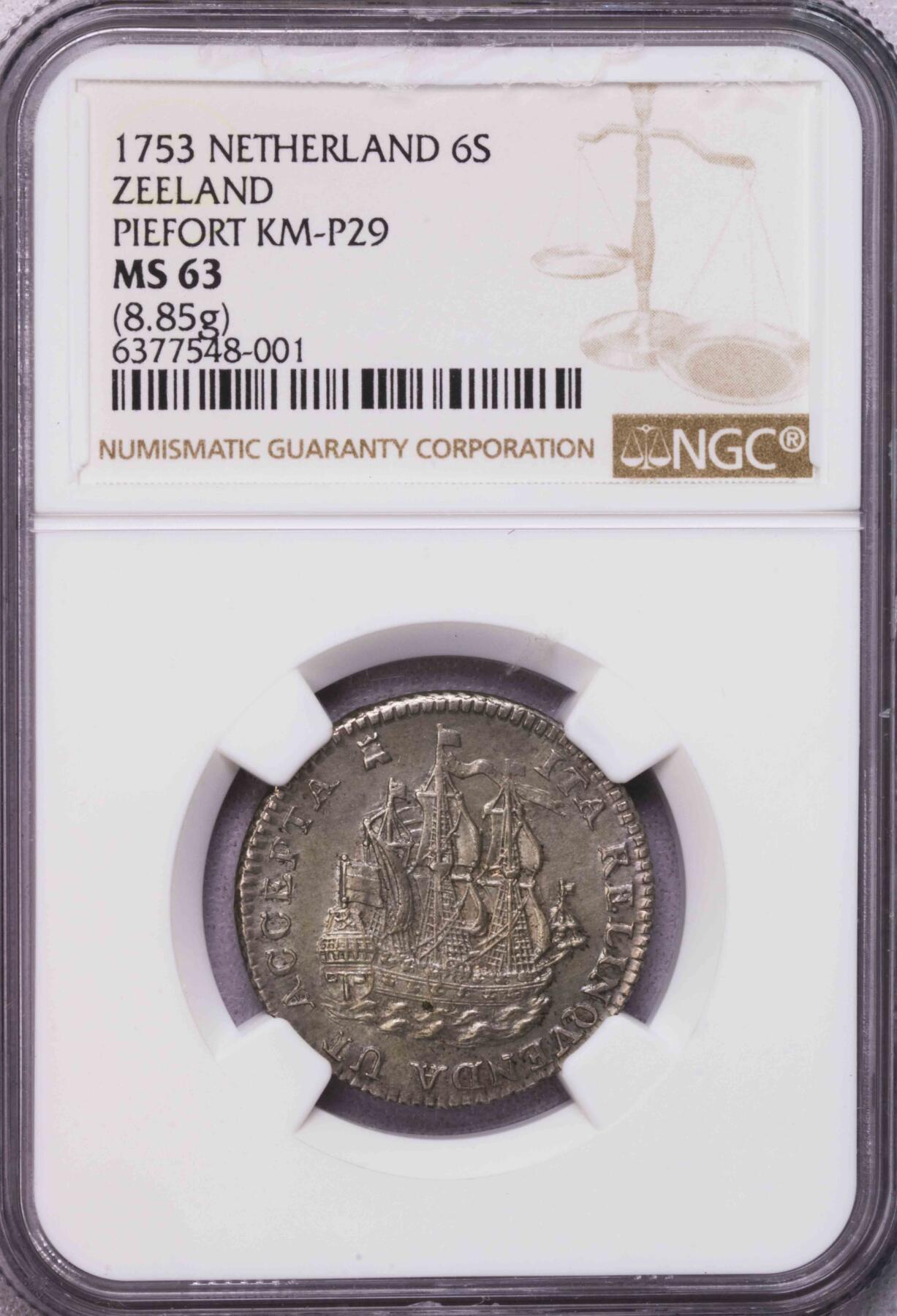 NGC-MS63 1753荷兰泽兰省帆船6斯提夫加厚银币