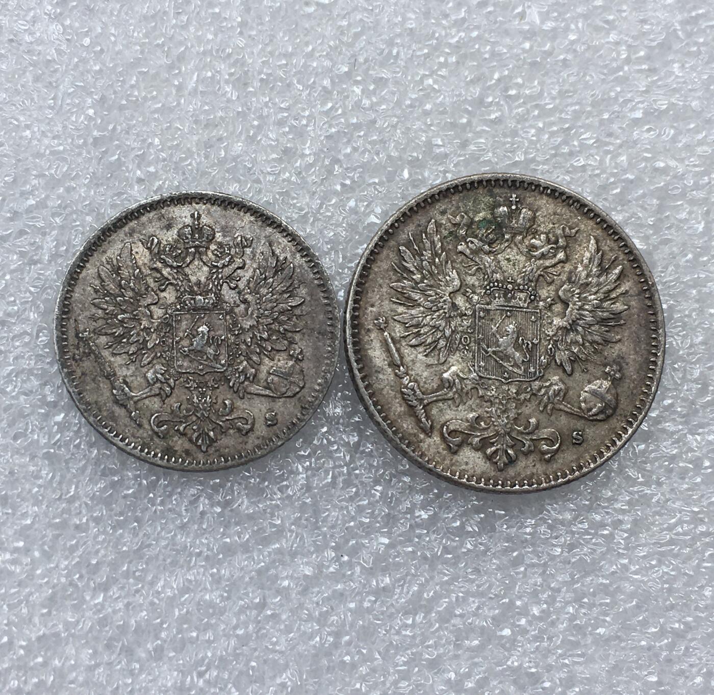 世界钱币专场拍卖 少见好品1916年俄占芬兰双头鹰25.50分流通银币 2枚一组