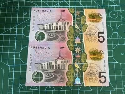 【炜奕收藏】，第四十三期 2016年澳大利亚5元两张，UNC品相，两张号码无47连号