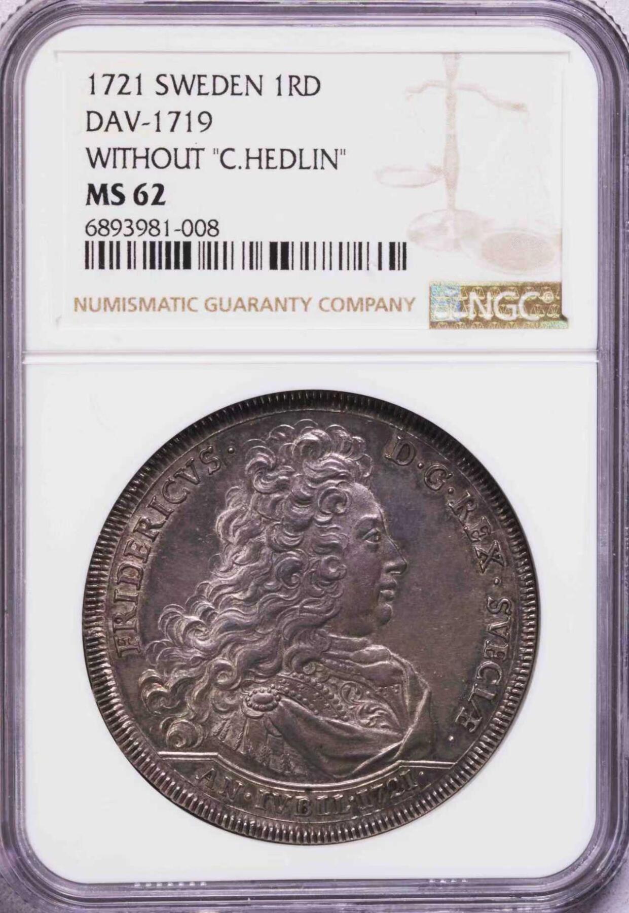 NGC-MS62 1721瑞典宗教自由200周年达勒大银币