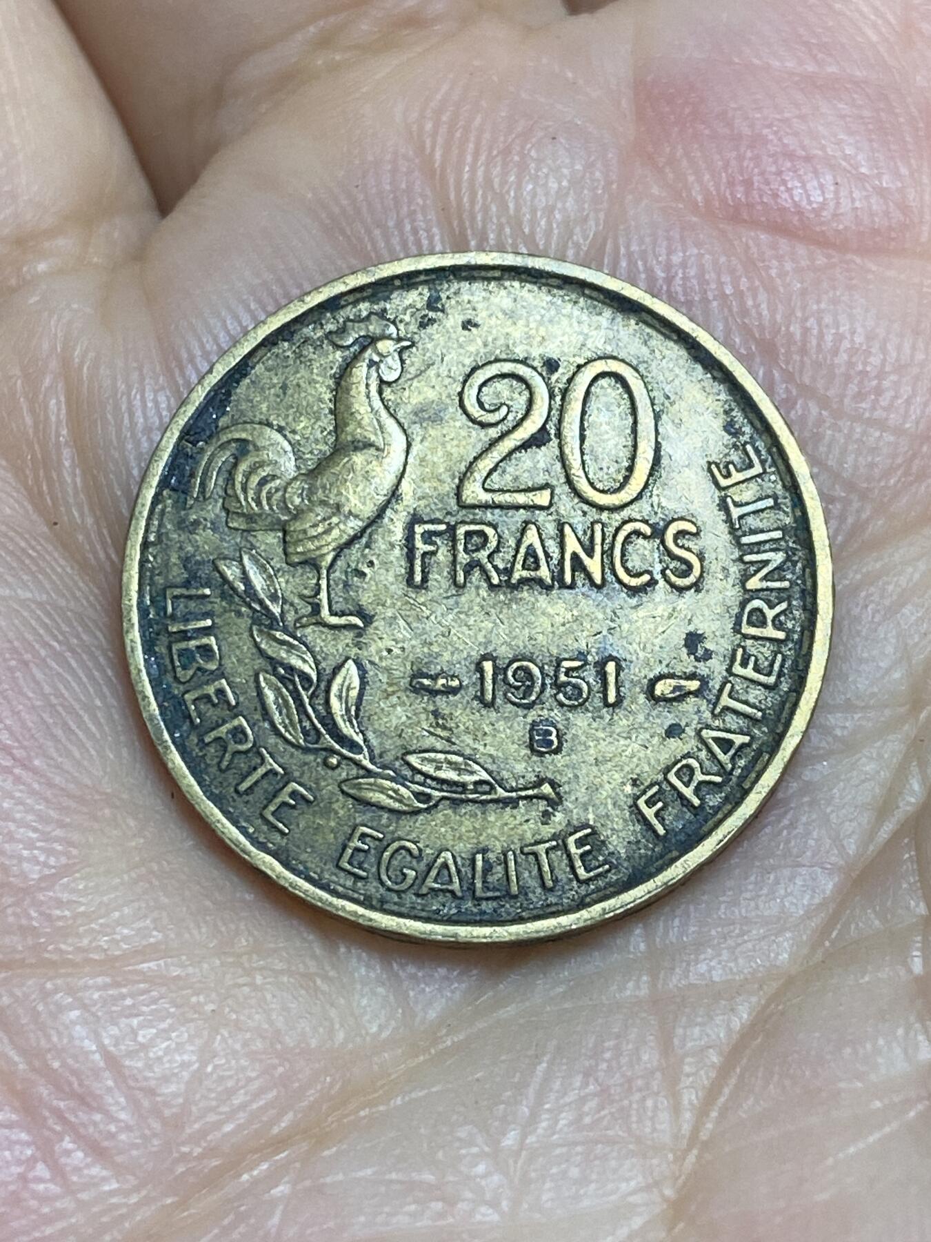 2025年第八十六场(总第一百一十二场）外国好品散币(免佣金) 法国🇫🇷1951年20法郎(4 plumes–4羽，B标，博蒙莱罗热造)
