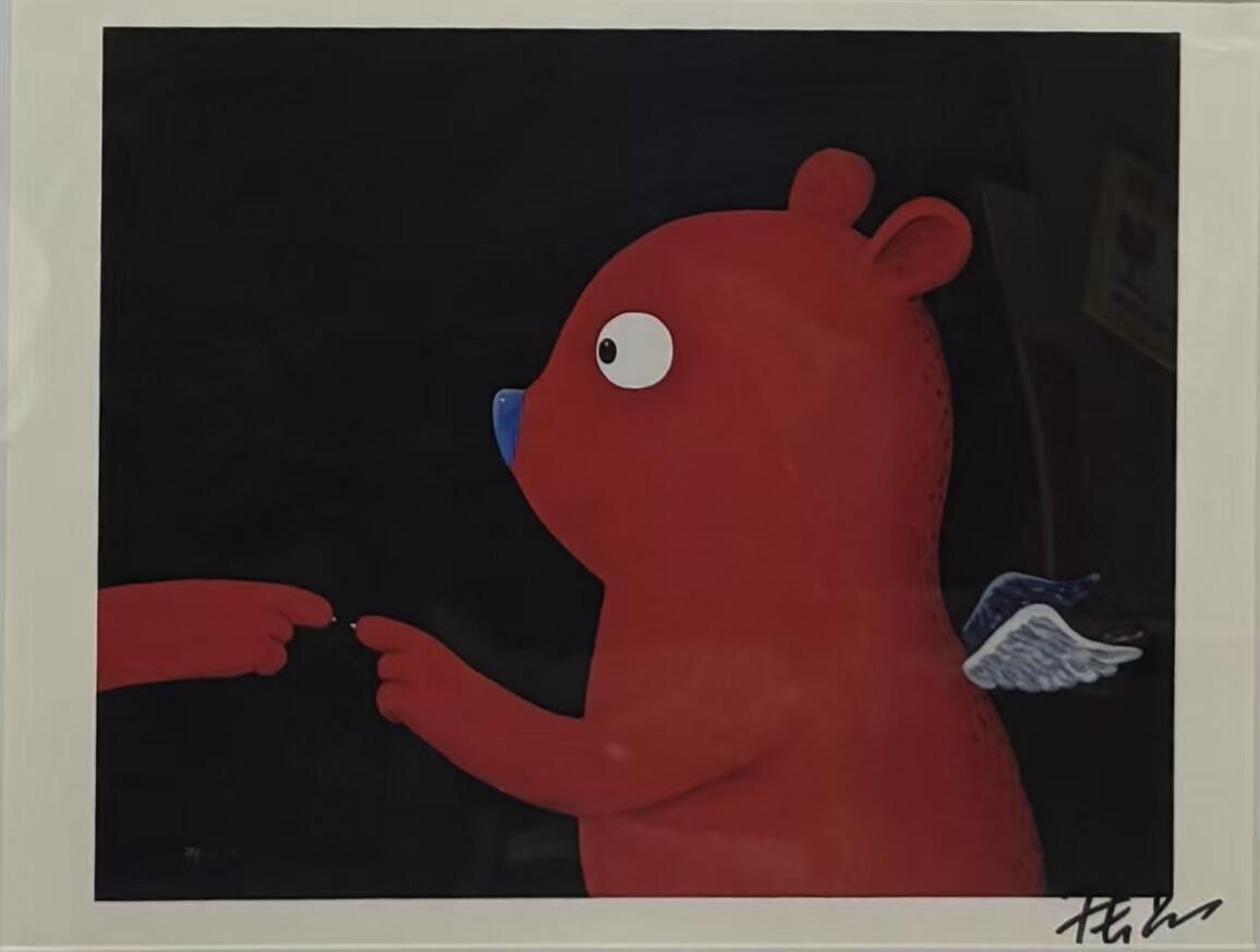 零元拍：  张占占亲笔签名最具代表性形象小红熊PUPU收藏级复制原画，外框尺寸：47/38CM，已做裱框