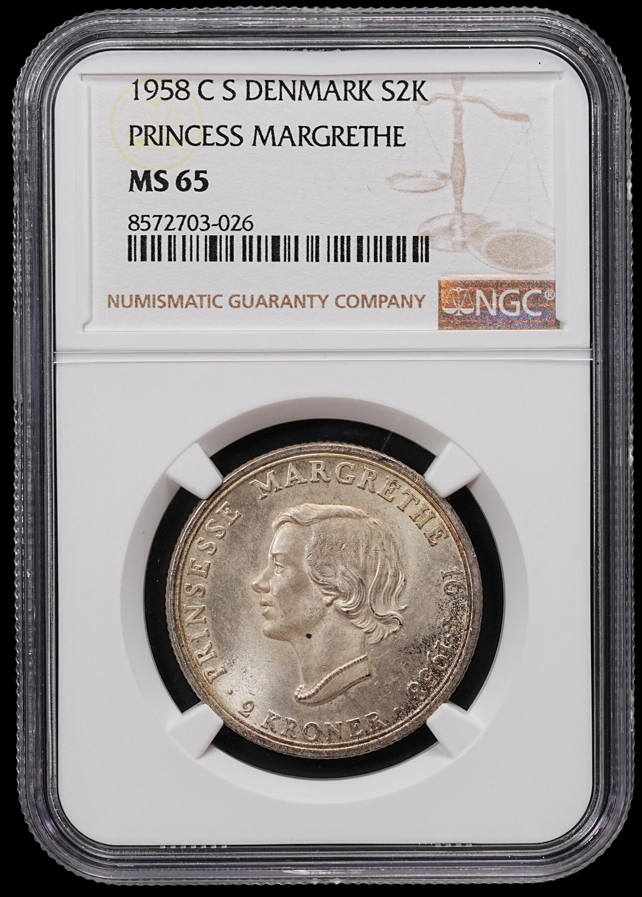 修遠堂世界钱币第八十三期 NGC MS65 1958年丹麦玛格丽特公主18周岁纪念2克朗银币