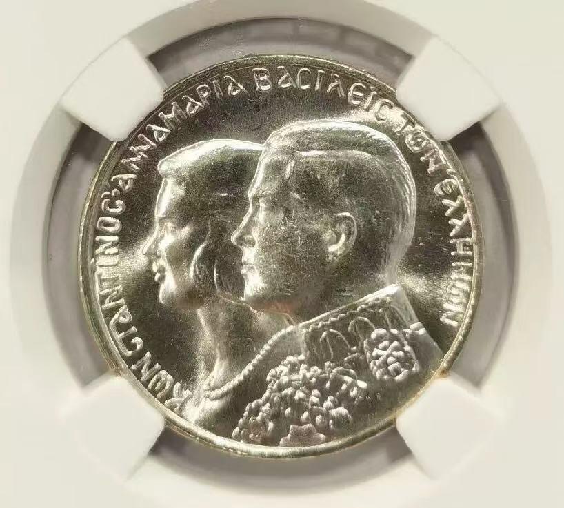 【礼羽收藏】🌏世界钱币拍卖第102期 1964年希腊康斯坦丁二世皇室婚礼30德拉马克银币NGC-MS65，原汁原味，银光闪闪，币面清爽干净又漂亮，转光强烈细节优秀，状态极佳。