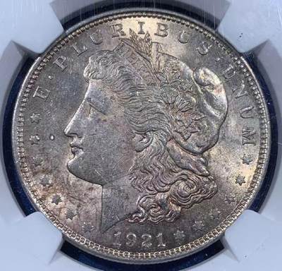 【礼羽收藏】🌏世界钱币拍卖第102期 - 1921年美国摩根银币NGC-MS63，原汁原味五彩老包浆，包浆醇厚，打制深峻，转光强烈细节优秀，状态极佳。低评，状态和品质绝对不输MS64分。