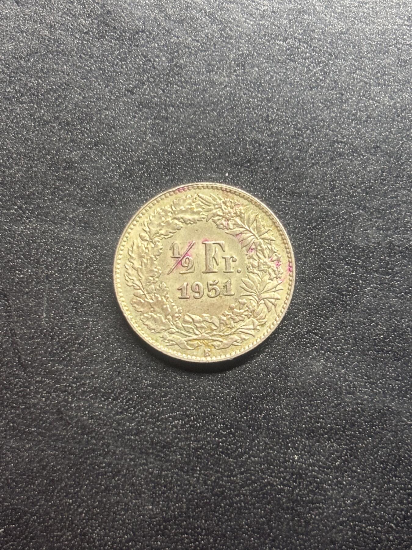 邮泉阁限时拍卖第二十三场 各国硬币专场（硬币在国外） 瑞士1954年½瑞士法郎银币2.5克0.835