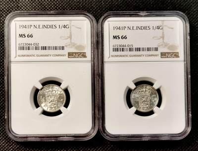 甄臻铺-世界币章拍卖（第32期），送拍享返佣金等优惠多多 - NGC-MS66 1941年荷属东印度1/4盾，卷拆，2枚一组
