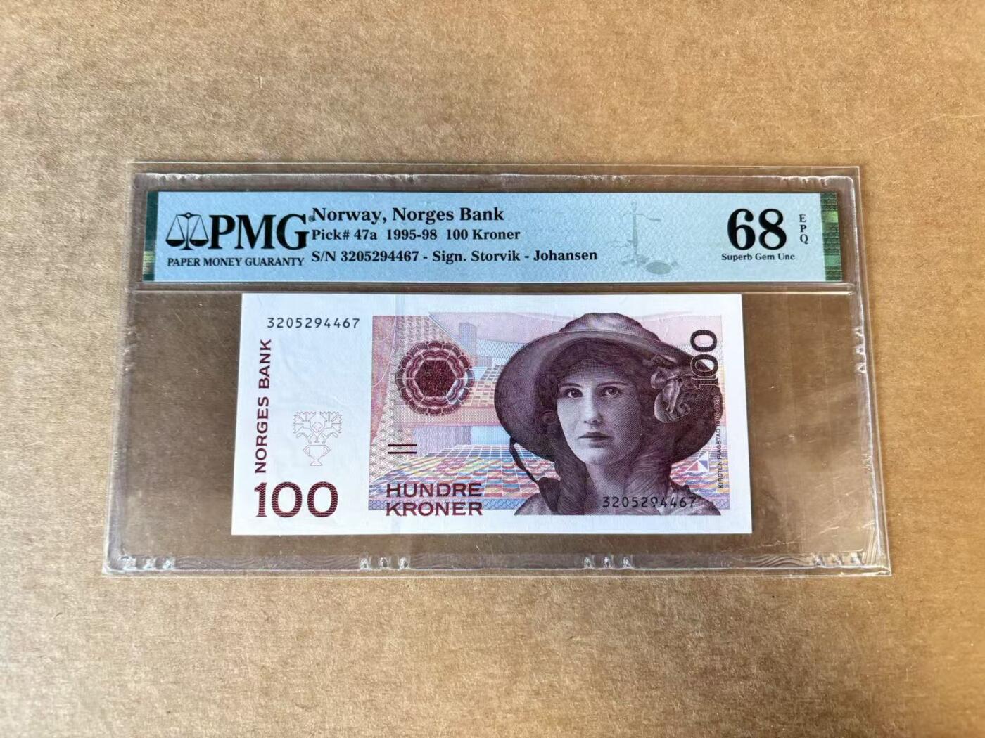 【Blue Auction】世界纸币精拍第720期——18级TOP拍卖/信誉/品质/专业/高效💫 【a版】挪威 1995-98年100克朗 PMG68EPQ 超高分