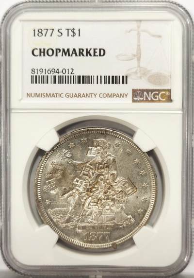 博洋堂世界钱币拍卖第137期（全场包邮） - NGC CHOPMARKED 美国贸易银1877s UNC品相，虽然几乎满戳，但是底板呈类镜面几乎未流通，其中有“正”“同”等多个中文汉字和画押。