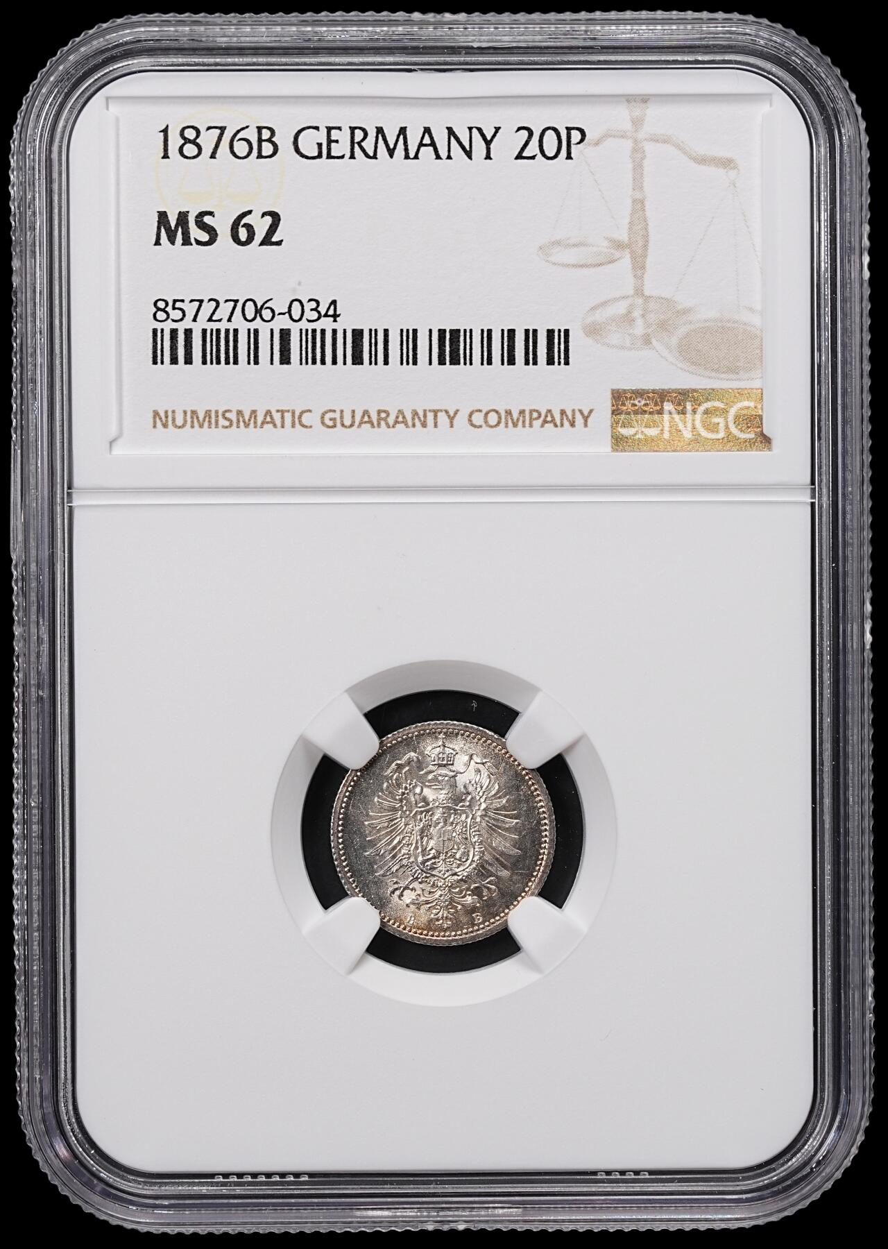 修遠堂世界钱币第八十三期 NGC MS62 1876年德国20芬尼银币 B厂铭