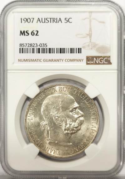 博洋堂世界钱币拍卖第137期（全场包邮） - NGC MS62 奥地利1907年弗朗兹 约瑟夫一世淡彩5克朗大银