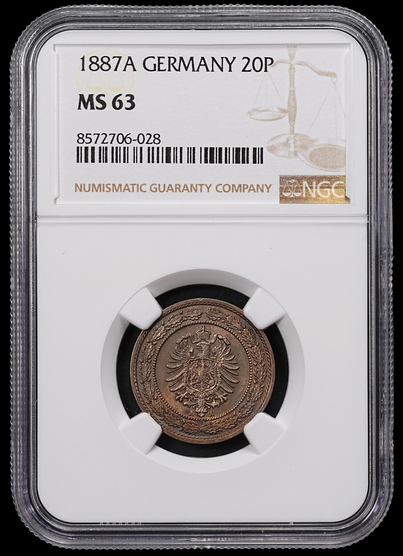 修遠堂世界钱币第八十三期 NGC MS63 1887年德国20芬尼镍币 A厂铭