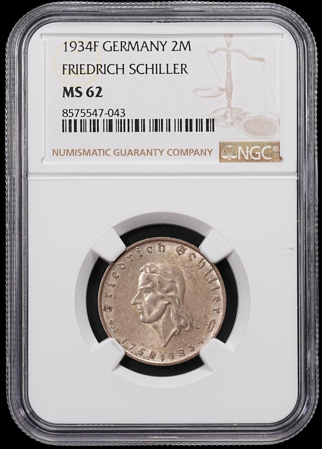 修遠堂世界钱币第八十三期 NGC MS62 1934年德国-席勒诞辰175周年2马克银币 仅30万枚铸造量 书价高