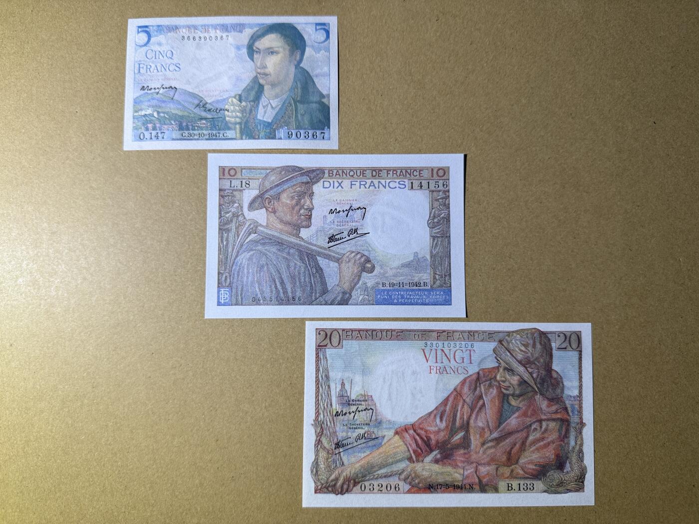 《艾美收藏》第211期-9.6周六外币精品场 法国5、10、20法郎3张 UNC 1941-1943年老版本