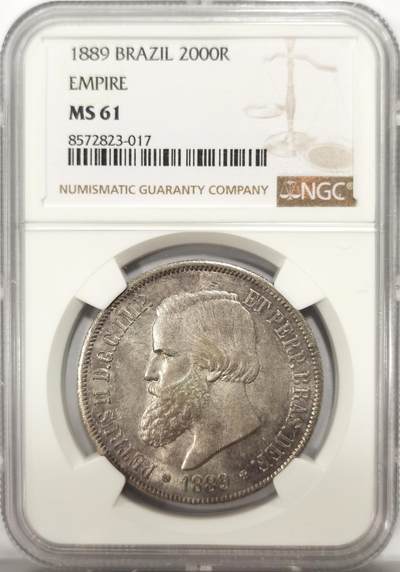 博洋堂世界钱币拍卖第137期（全场包邮） - NGC MS61 巴西1889年佩德罗二世2000R大银 深彩包浆