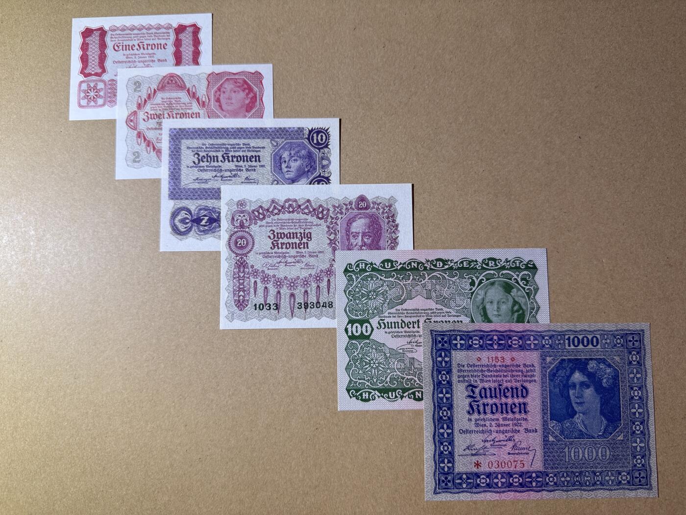 《艾美收藏》第211期-9.6周六外币精品场 奥地利1-1000克朗6张 UNC 1922年老版本 部分角钝为正常现象
