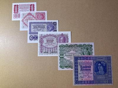 《艾美收藏》第211期-9.6周六外币精品场 - 奥地利1-1000克朗6张 UNC 1922年老版本 部分角钝为正常现象