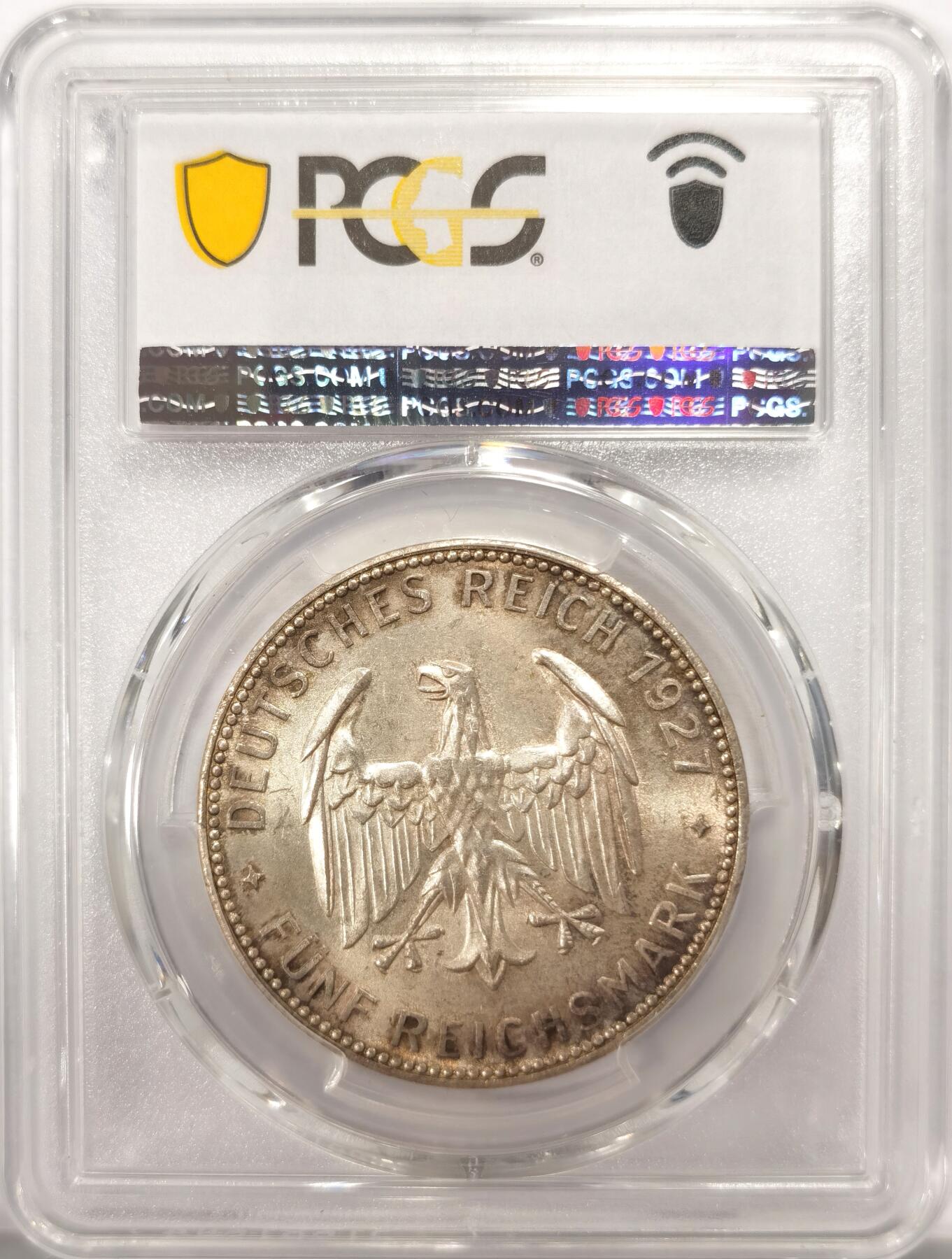 博洋堂世界钱币拍卖第137期（全场包邮） PCGS MS64 德国魏玛1927年图宾根大学5马克银币，淡彩，状态极佳！
