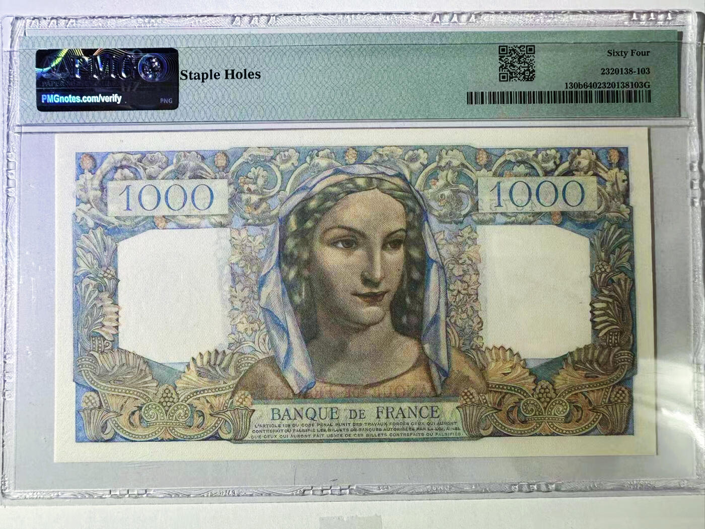 【Blue Auction】世界纸币精拍第720期——18级TOP拍卖/信誉/品质/专业/高效💫 法国 1948年1000法郎 PMG64
