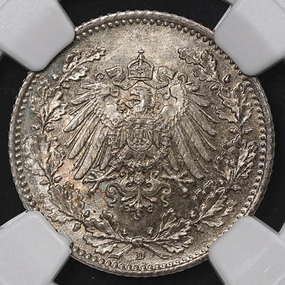 修遠堂世界钱币第八十三期 - NGC MS65 1918年德国1/2马克银币 D厂铭