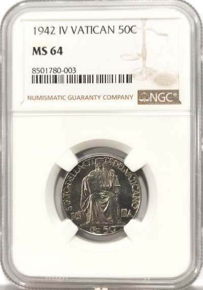 博洋堂世界钱币拍卖第137期（全场包邮） - NGC MS64 梵蒂冈1942年50C镍币