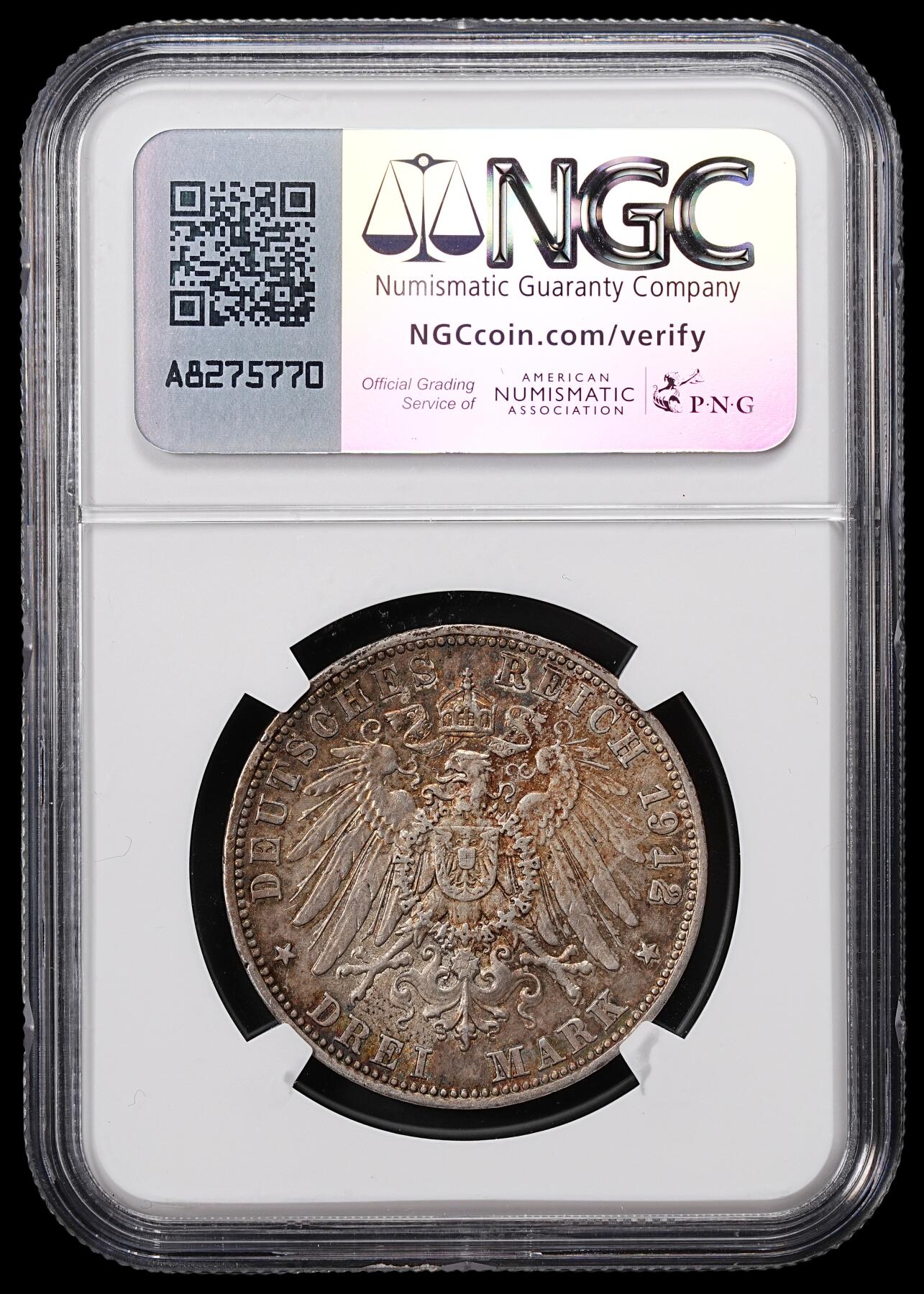 修遠堂世界钱币第八十三期 NGC AU55 1912年巴伐利亚3马克银币 黄油彩