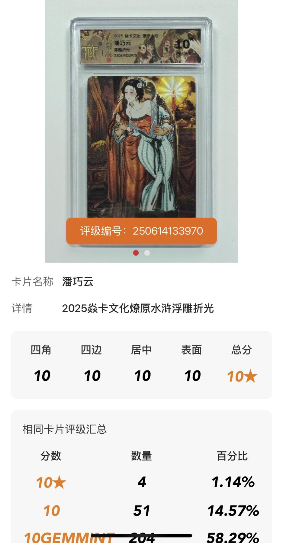 卡牌发烧友第十四期（收拍品，不寄存，23:10截拍，国潮卡牌专场） 【10星卡】焱卡文化 燎原水浒 潘巧云 浮雕折光 10星 数据库仅4张