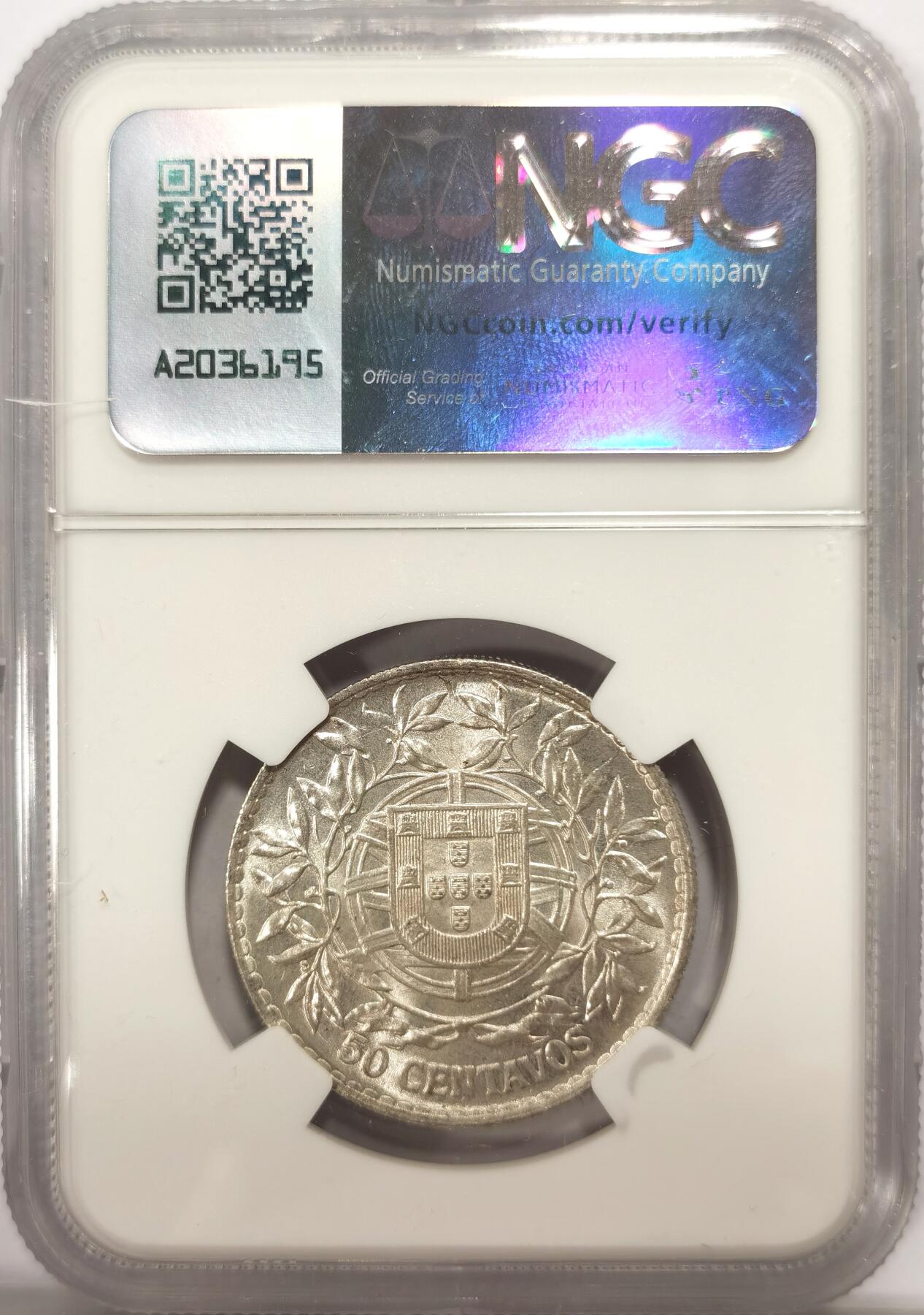 博洋堂世界钱币拍卖第137期（全场包邮） NGC MS63 1916年葡萄牙50C银币