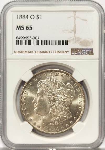博洋堂世界钱币拍卖第137期（全场包邮） - 1884年美国摩根银币O版NGC-MS65，原汁原味淡彩包浆，包浆醇厚舒适，打制深峻，转光强烈细节优秀，币面清爽干净又漂亮，类精制，PL感强烈，状态一流。