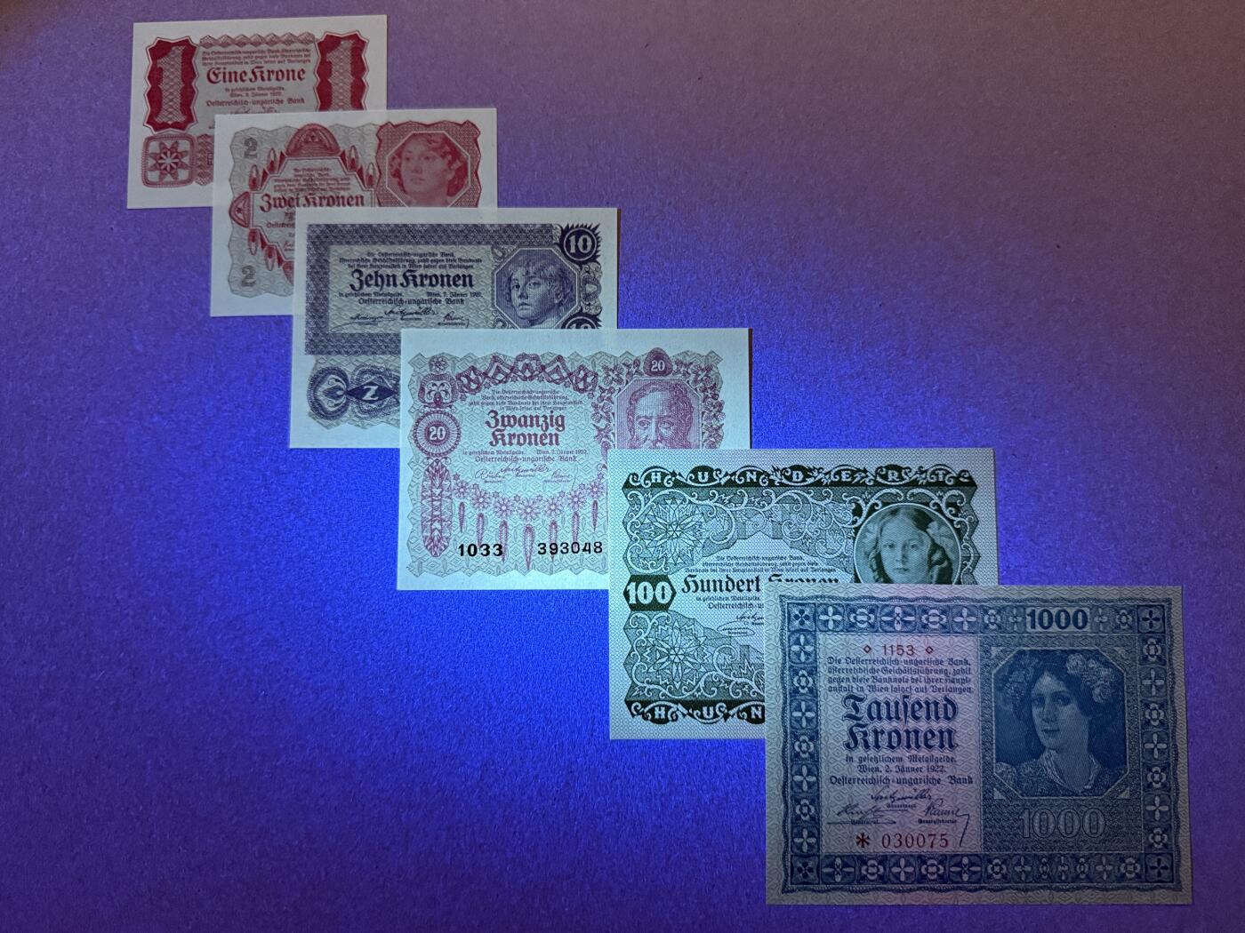 《艾美收藏》第211期-9.6周六外币精品场 奥地利1-1000克朗6张 UNC 1922年老版本 部分角钝为正常现象