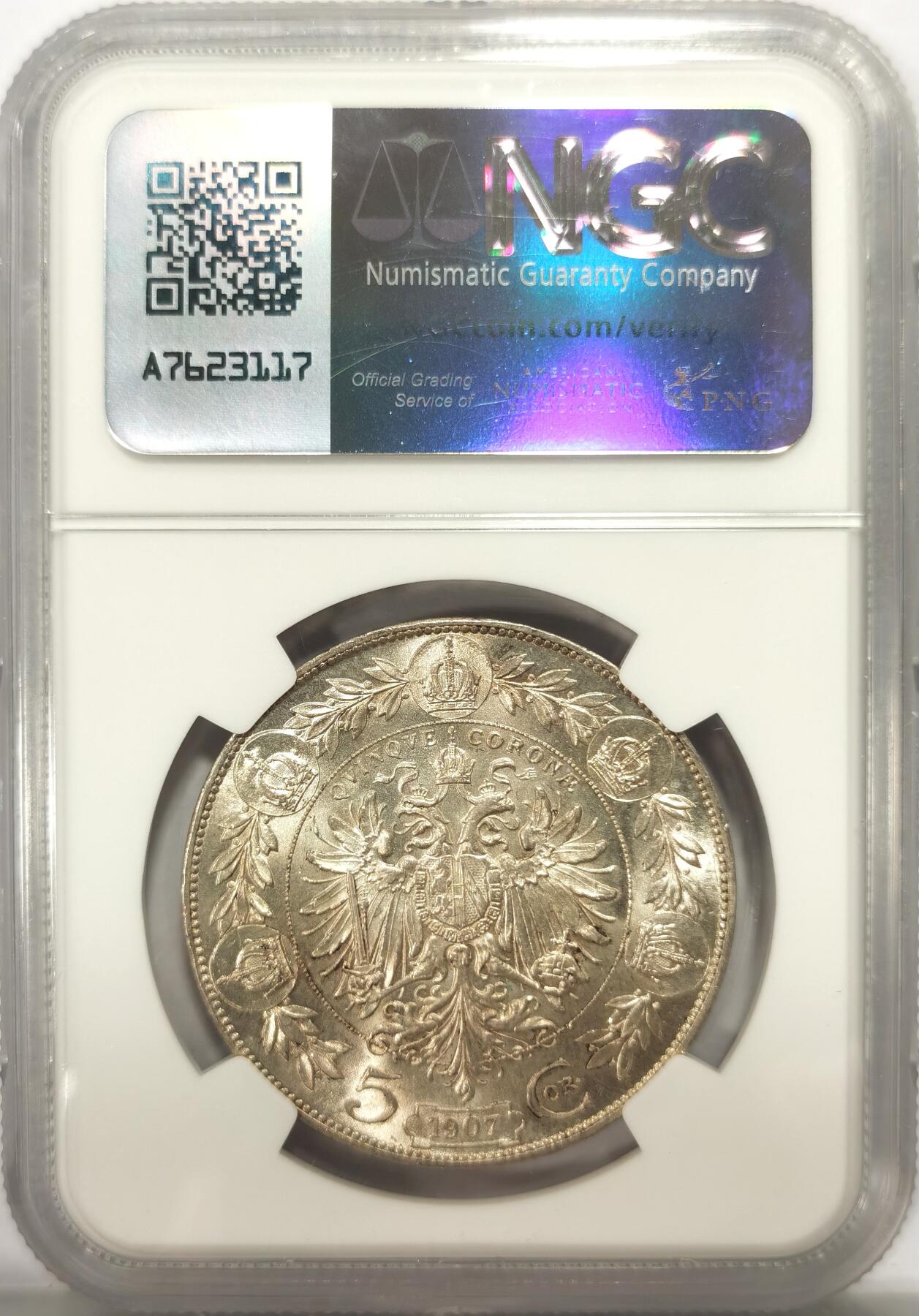 博洋堂世界钱币拍卖第137期（全场包邮） NGC MS62 奥地利1907年弗朗兹 约瑟夫一世淡彩5克朗大银
