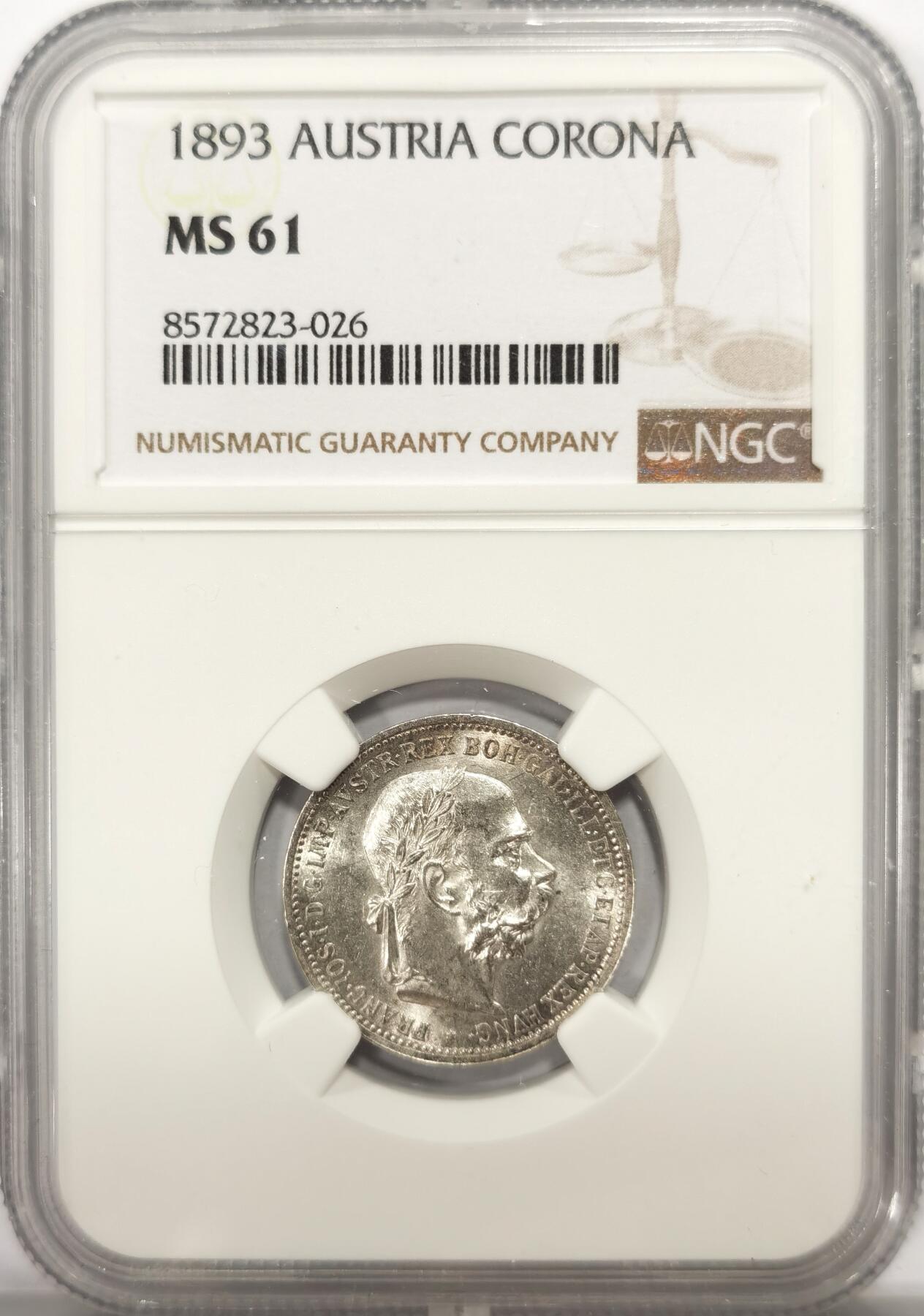 博洋堂世界钱币拍卖第137期（全场包邮） NGC MS61 奥地利1893年中早期约瑟夫一世桂冠1克朗银币 少见品