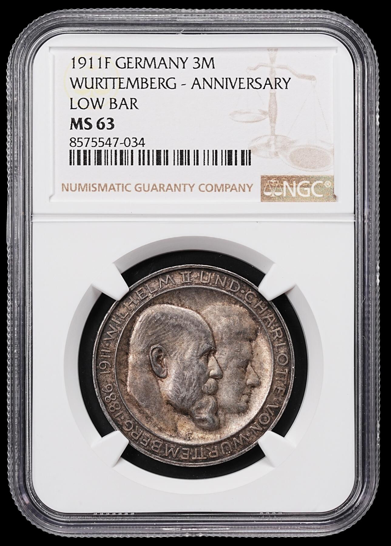 修遠堂世界钱币第八十三期 NGC MS63 1911年符腾堡国王银婚纪念3马克银币