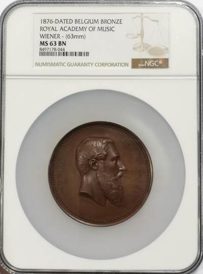博洋堂世界钱币拍卖第137期（全场包邮） - NGC MS63 比利时1876年维也纳皇家音乐学会纪念巨大铜章，63mm，极其厚重，背面维也纳美神和音乐之神在探究真理！