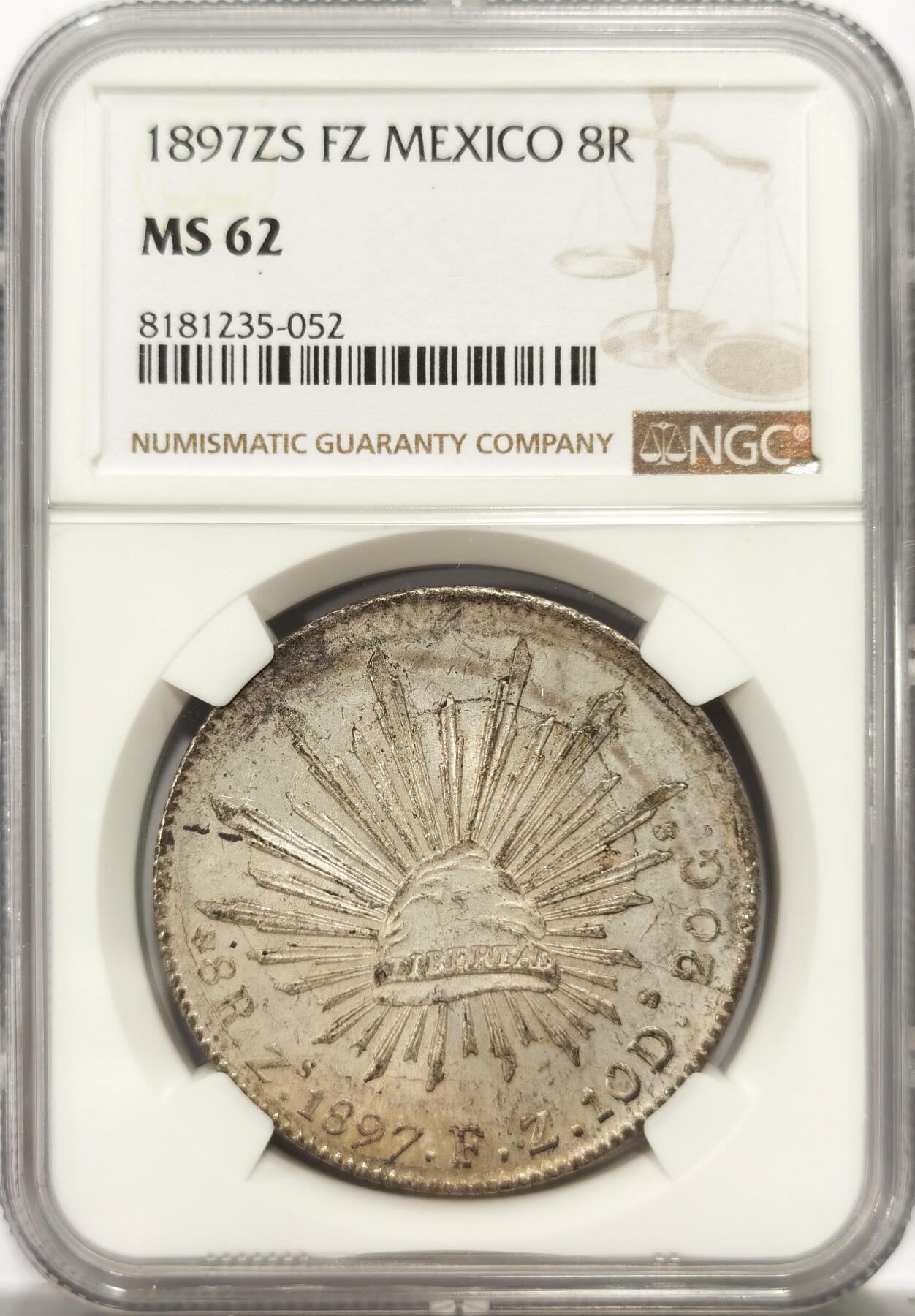 博洋堂世界钱币拍卖第137期（全场包邮） NGC MS62 墨西哥1897年ZS FZ版花边鹰洋，关门年份，原味窖藏包浆，滴水未下，值得收藏的状态