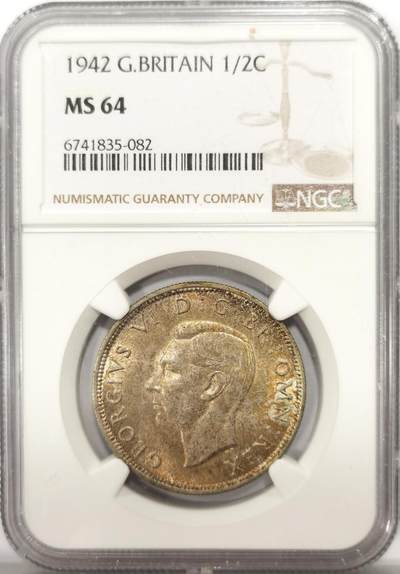 博洋堂世界钱币拍卖第137期（全场包邮） - NGC MS64 英国1942年乔治六世半克朗，卷首阴阳币，正面包浆亮眼，背面光度好，NGC该版最高只有65分