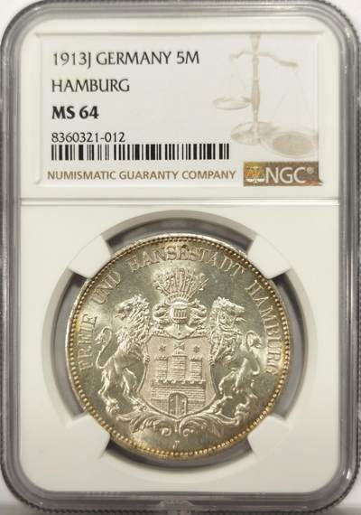 博洋堂世界钱币拍卖第137期（全场包邮） - NGC MS64 德国汉堡自由市1913年流通5马克银币，越来越少见的高分，热门品种！