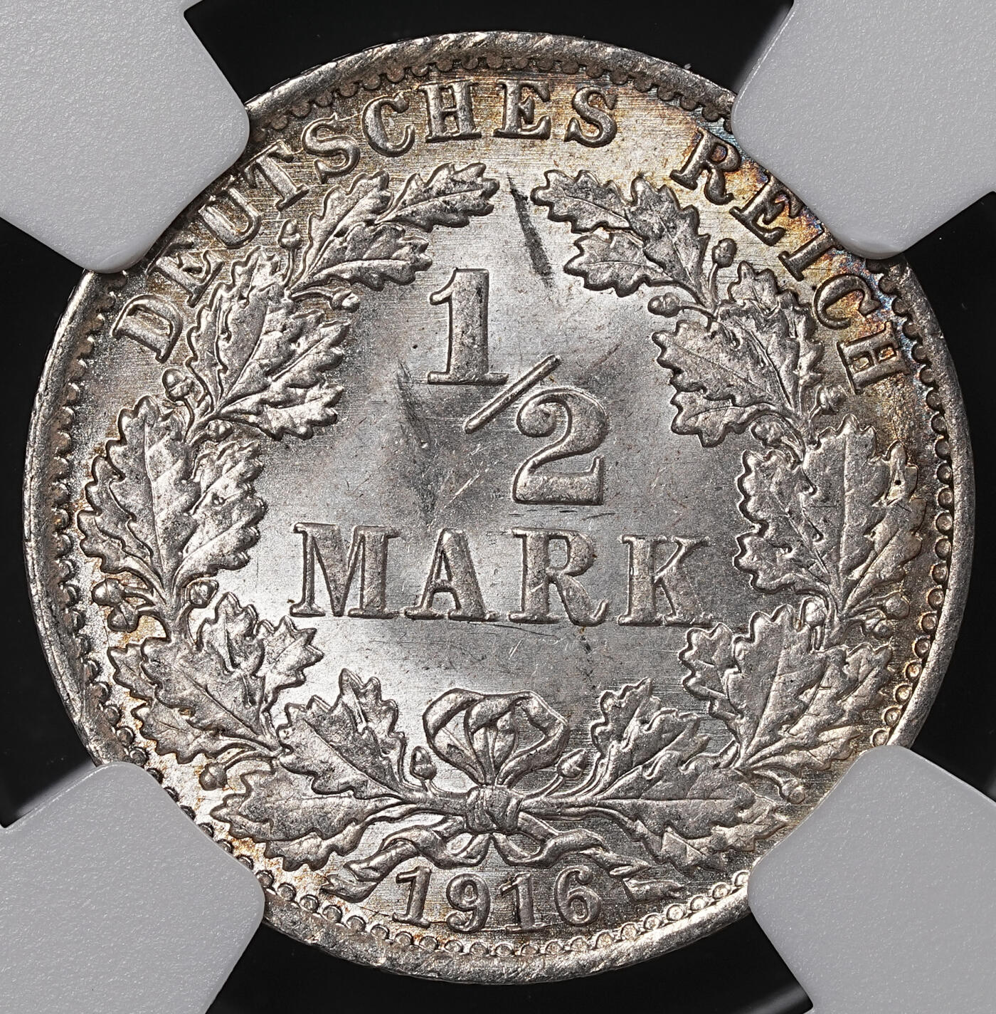 修遠堂世界钱币第八十三期 NGC MS65 1916年德国1/2马克银币 A厂铭