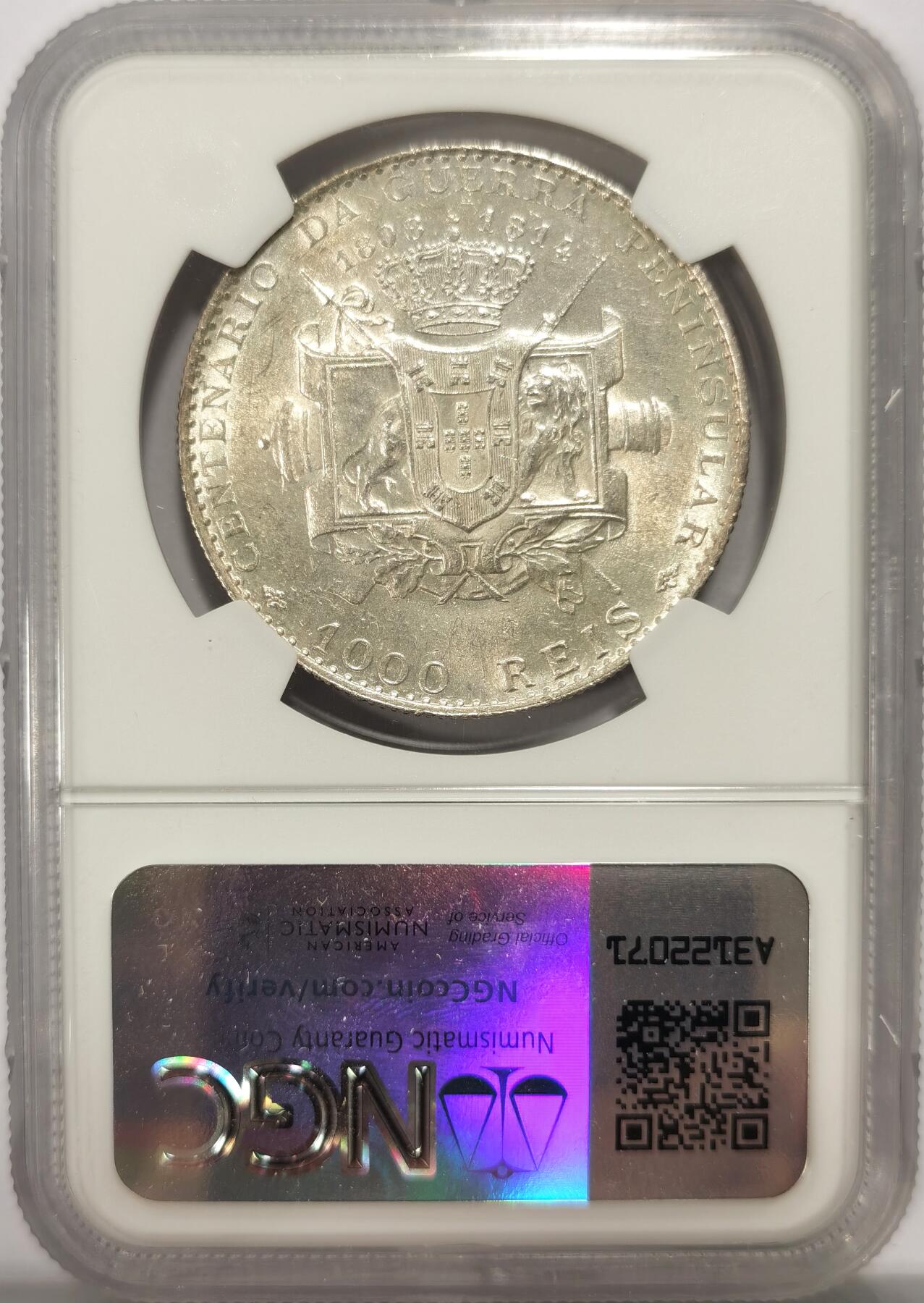 博洋堂世界钱币拍卖第137期（全场包邮） NGC MS61 葡萄牙1910年半岛战争1000瑞斯大银币 淡彩 少见品