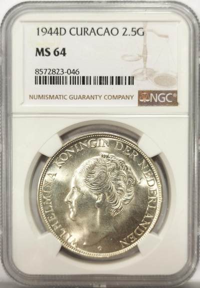 博洋堂世界钱币拍卖第137期（全场包邮） - NGC MS64 1944年荷属库拉索2.5盾大银 淡彩 强转光