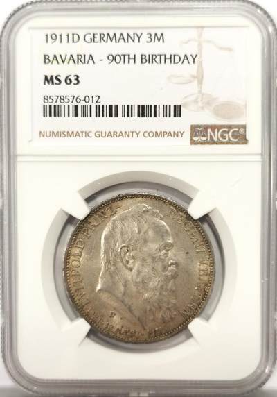 博洋堂世界钱币拍卖第137期（全场包邮） - NGC MS63 德国巴伐利亚1911年柳特波德3马克银币 光感不错