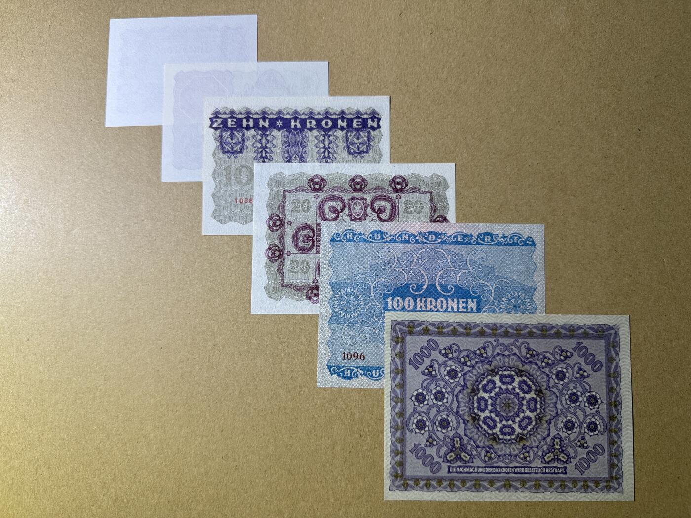 《艾美收藏》第211期-9.6周六外币精品场 奥地利1-1000克朗6张 UNC 1922年老版本 部分角钝为正常现象