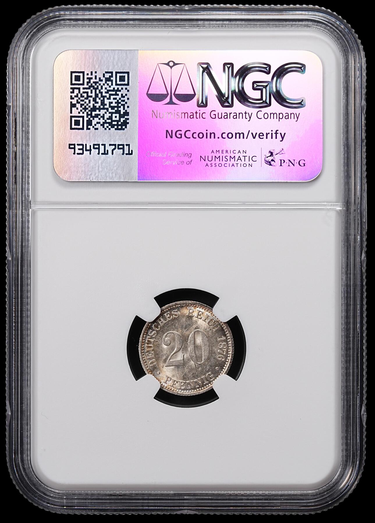 修遠堂世界钱币第八十三期 NGC MS62 1876年德国20芬尼银币 B厂铭