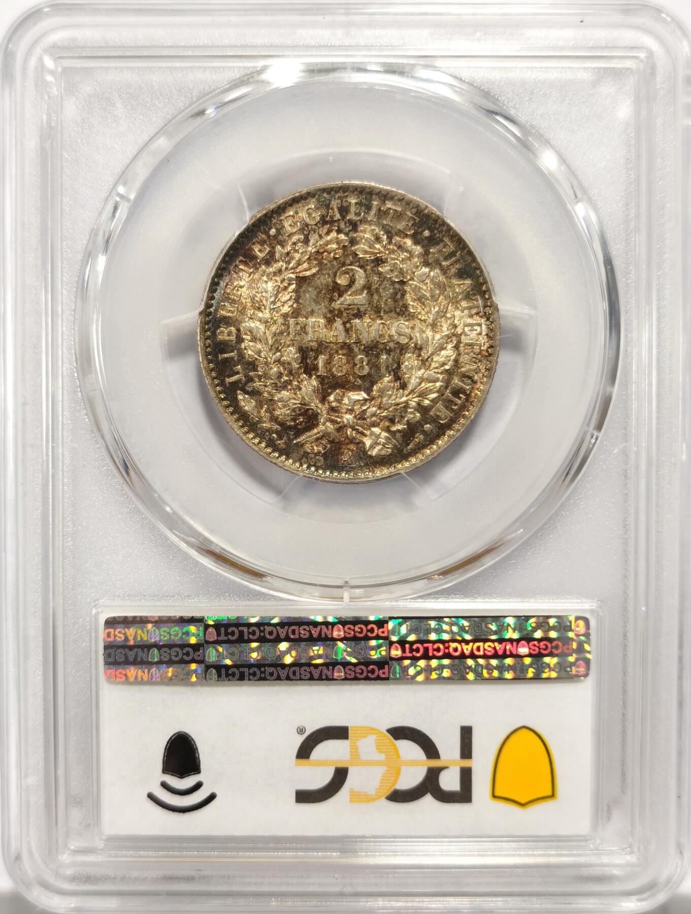 博洋堂世界钱币拍卖第137期（全场包邮） PCGS AU58 法国1881年谷物女神2法郎银币，极美五彩包浆，盒子背面右下角卡槽有一小缺