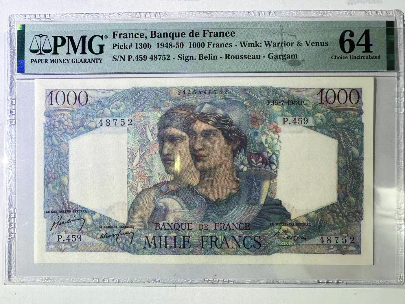 【Blue Auction】世界纸币精拍第720期——18级TOP拍卖/信誉/品质/专业/高效💫 法国 1948年1000法郎 PMG64