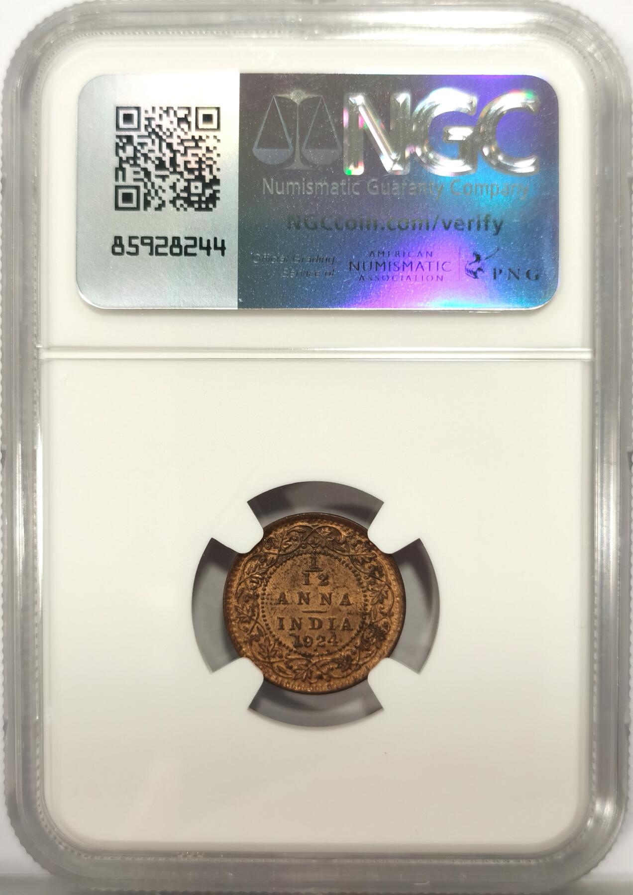 博洋堂世界钱币拍卖第137期（全场包邮） NGC MS63RB 英属印度1924年1/12安娜铜币